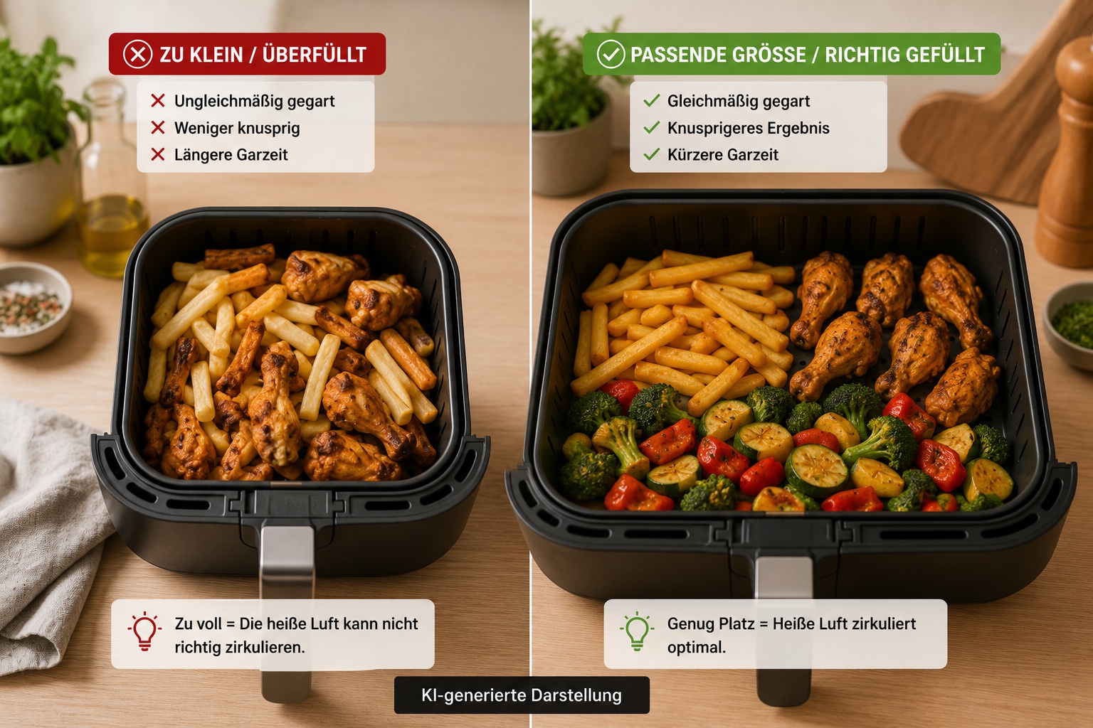 Zu kleiner und passend gefüllter Garkorb einer Heißluftfritteuse